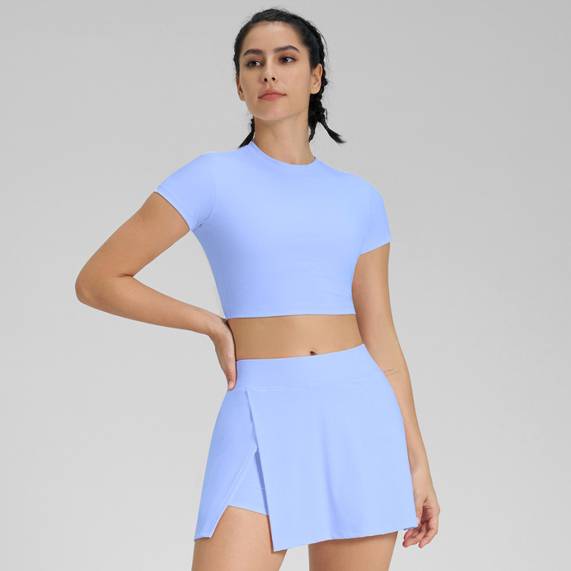 Open-Back Cutout Short-Sleeve Tennis Skirt Set with Built-in Bra Cups for Yoga SKL-QY-T4845+K4569