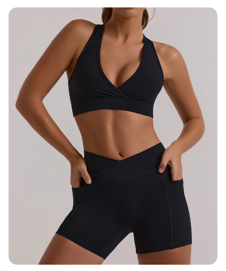 Hanging - neck Sports Bra Top with Shorts Yoga Outfit Set for Fitness and Running SKL-QY-B3073+K3611
