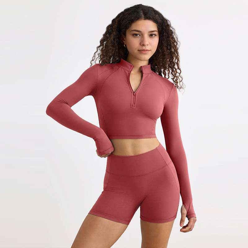 Half-Zip Long-Sleeve Yoga Top & Compression Running Shorts Set SKL-QY-T4806+K4523