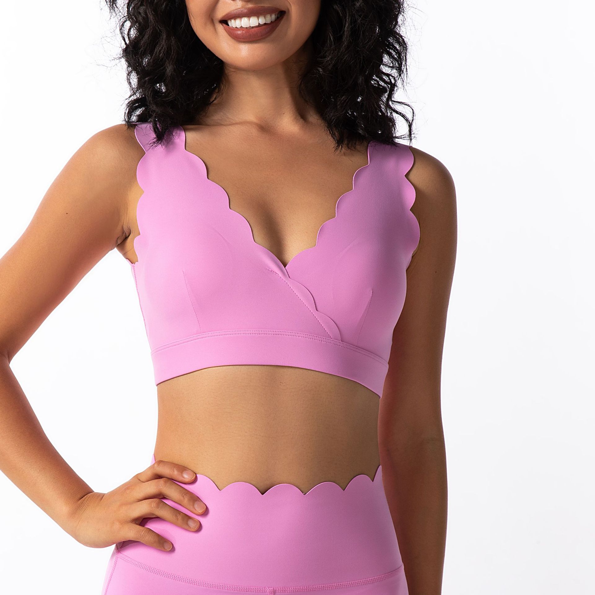 V-Neck Lace Trim Tank Top with Padded Shockproof Sports Bra SKL-FNK202410