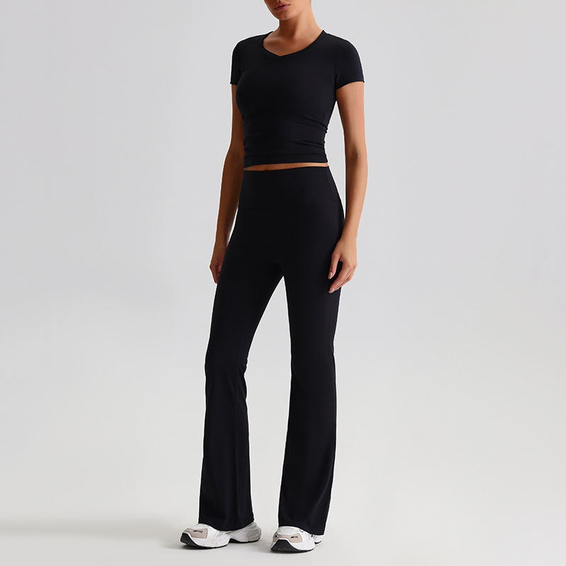 Yoga Suit For Women Casual Hip-lifting Flared Pants And Tight-fitting Nude Short-sleeved shirt SKL-LQ8999