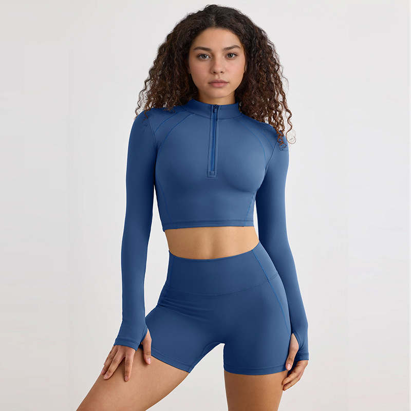 Half-Zip Long-Sleeve Yoga Top & Compression Running Shorts Set SKL-QY-T4806+K4523