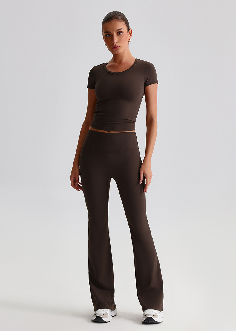 Yoga Suit For Women Casual Hip-lifting Flared Pants And Tight-fitting Nude Short-sleeved shirt SKL-LQ8999