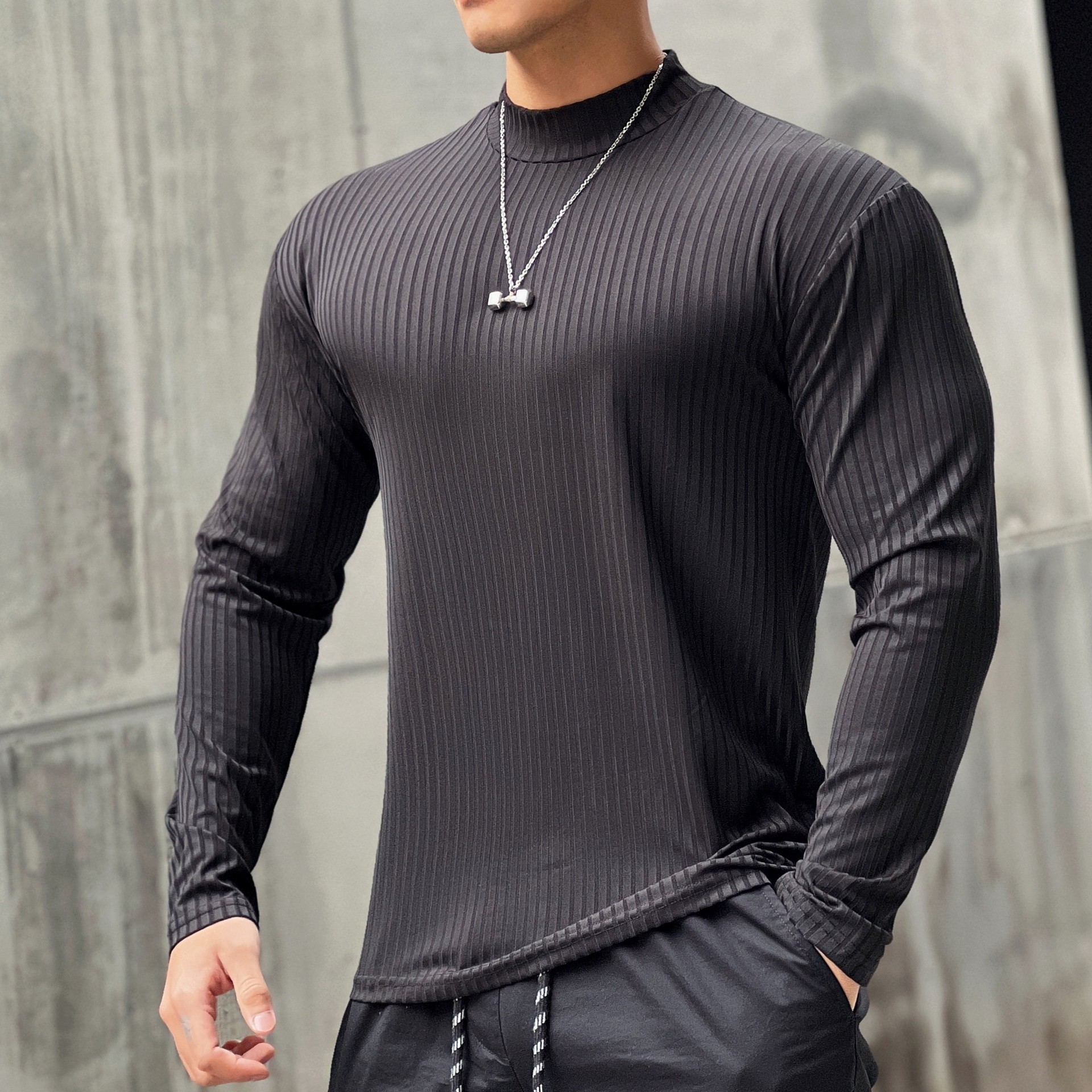 Men's Striped Elastic Quick - Dry Athletic Long - Sleeve T - Shirt CX105