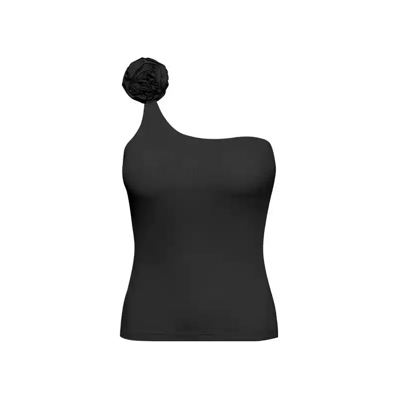 Women's Sleeveless Fitted One-Shoulder Top with 3D Floral Embellishment SKL-FNK7702
