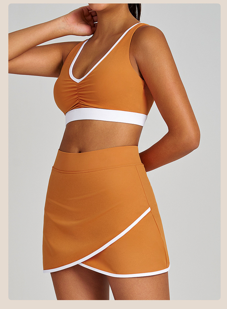  Colorblock Ruched Sports Bra Tennis Skirt & Tank Top Yoga Set SKL-QY-B4039+K4627