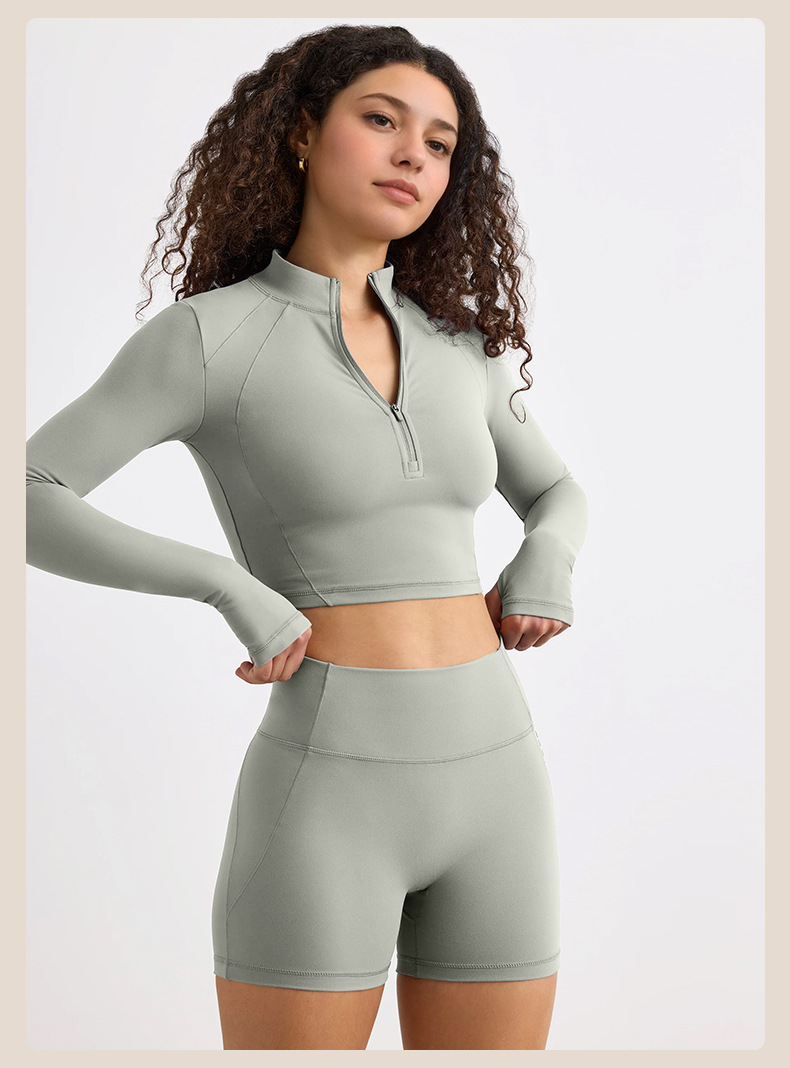 Half-Zip Long-Sleeve Yoga Top & Compression Running Shorts Set SKL-QY-T4806+K4523
