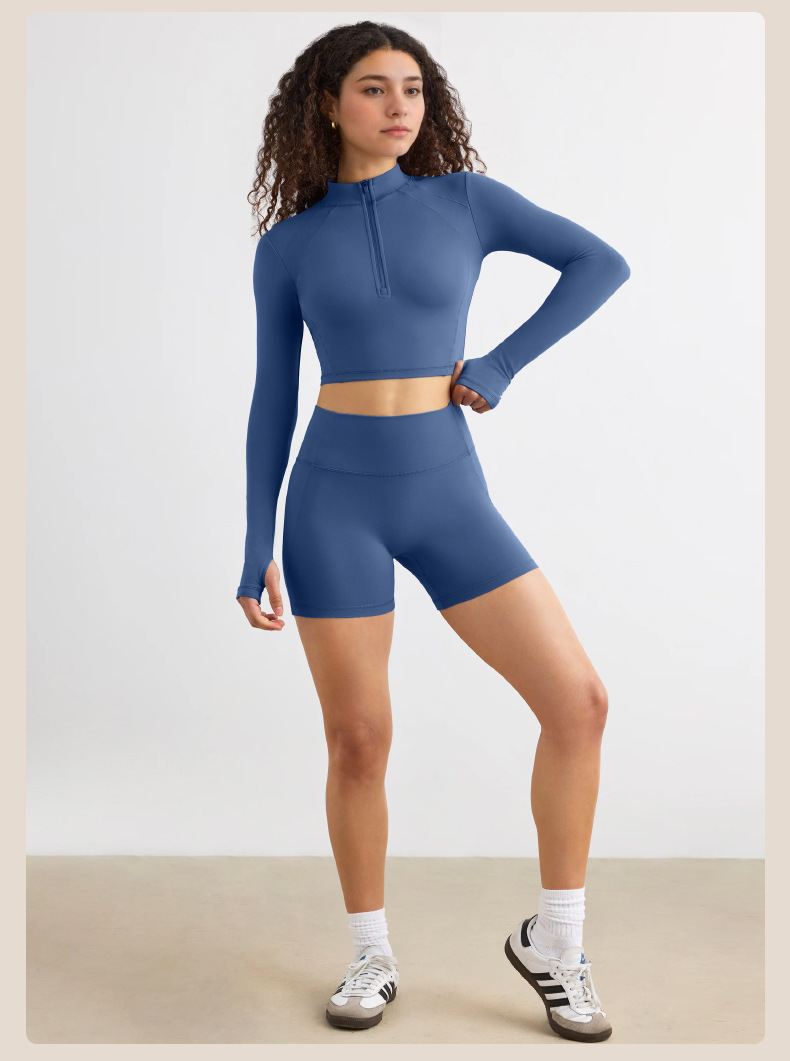 Half-Zip Long-Sleeve Yoga Top & Compression Running Shorts Set SKL-QY-T4806+K4523