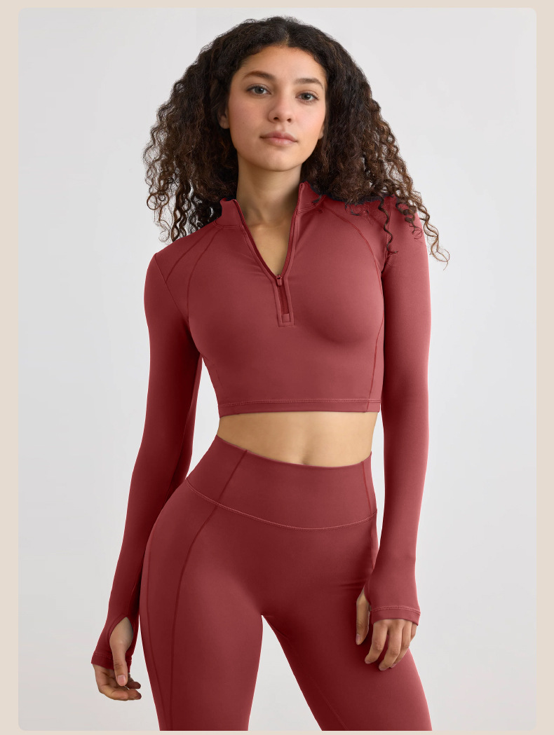 Half-Zip Long-Sleeve Yoga Top & Compression Running Shorts Set SKL-QY-T4806+K4523