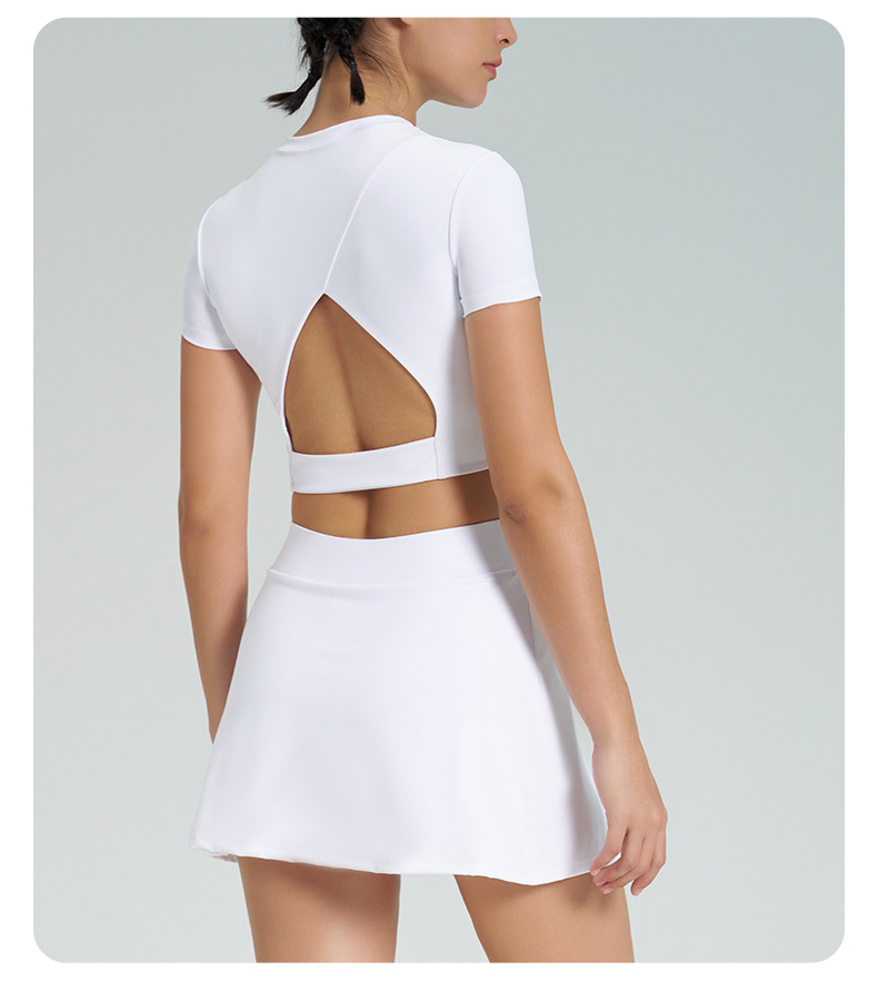 Open-Back Cutout Short-Sleeve Tennis Skirt Set with Built-in Bra Cups for Yoga SKL-QY-T4845+K4569