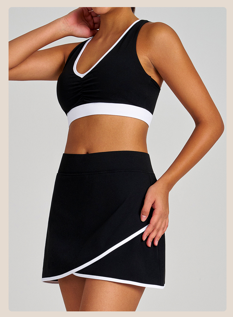  Colorblock Ruched Sports Bra Tennis Skirt & Tank Top Yoga Set SKL-QY-B4039+K4627