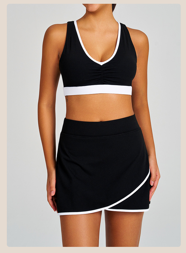  Colorblock Ruched Sports Bra Tennis Skirt & Tank Top Yoga Set SKL-QY-B4039+K4627