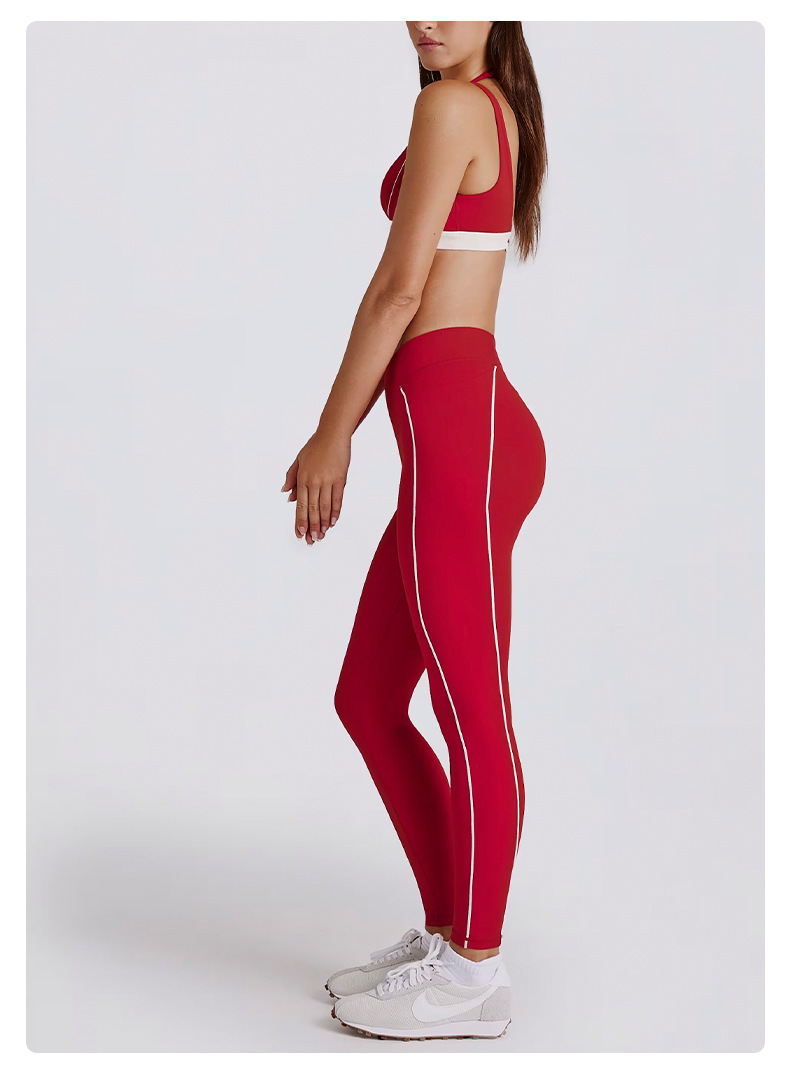 Two-in-One Color-Block White Stripes Running Fitness Shorts V-Neck Halter Sports Bra Yoga Outfit Set SKL-QY-B6534+K4600