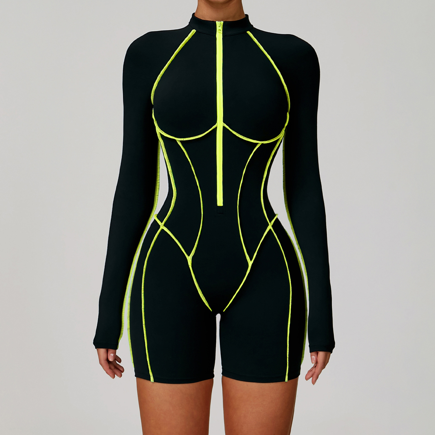 Color Block Hollow-Out Back Long-Sleeve Short Yoga Bodysuit 9318