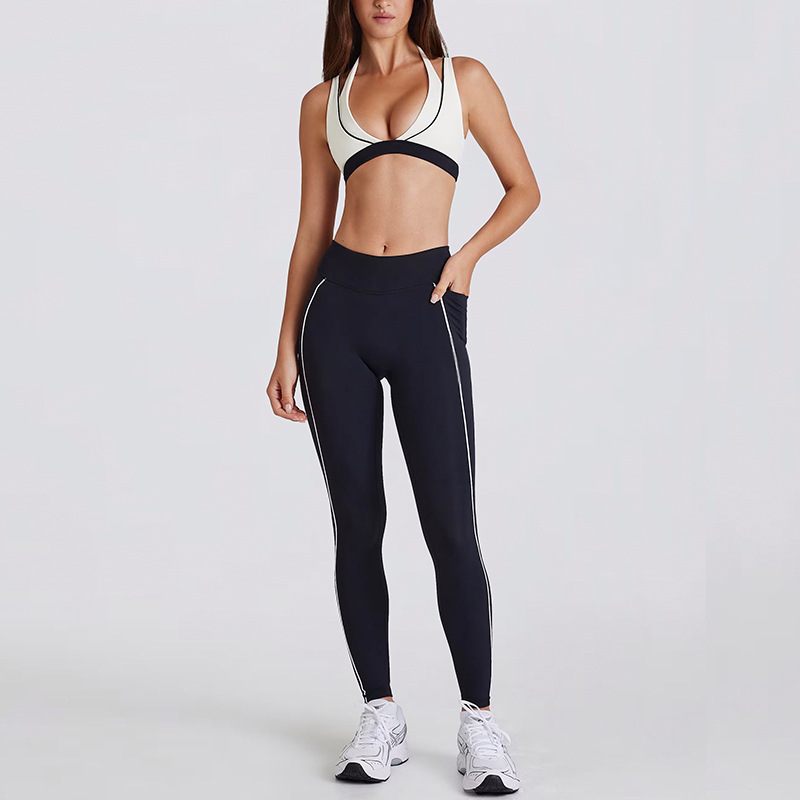 Two-in-One Color-Block White Stripes Running Fitness Shorts V-Neck Halter Sports Bra Yoga Outfit Set SKL-QY-B6534+K4600