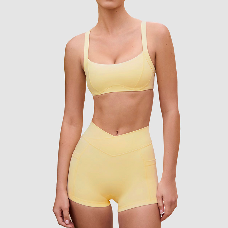 High-Elasticity Naked Feeling Breathable Stretchy Cross Waist Three-Point Shorts & Camisole Beauty Back Sports Bra Yoga Outfit Set SKL-QY-B6529+K3611
