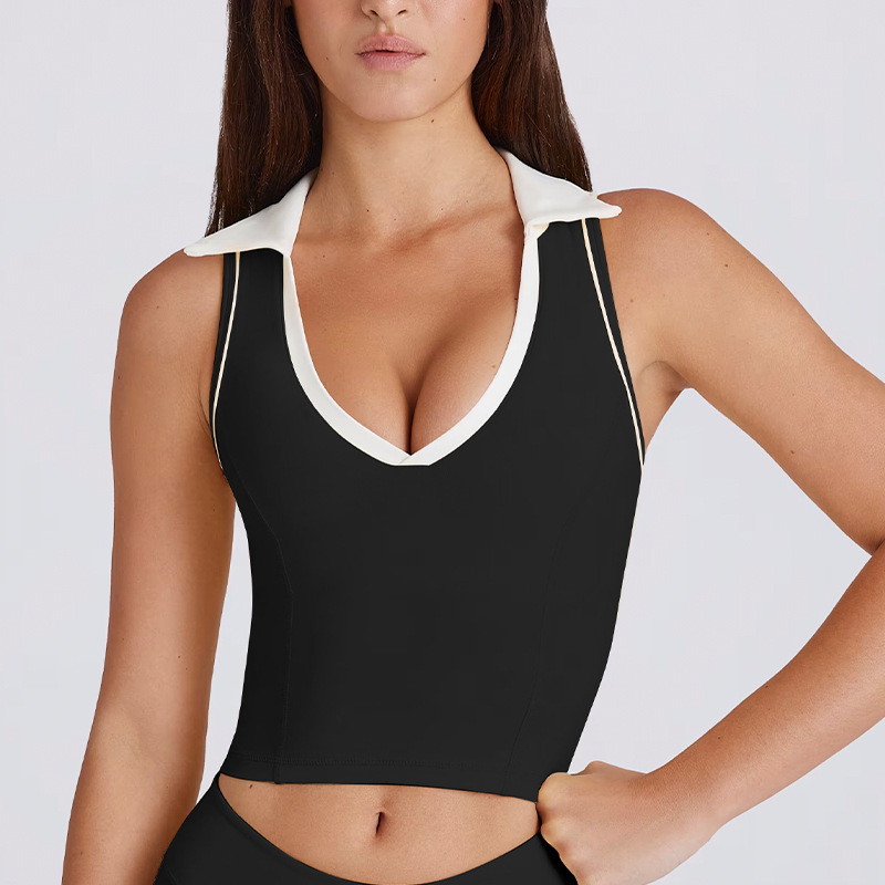 Sleeveless V-Neck Top Vest with Chest Pads Color-Block Lapel Yoga Outfit SKL-QY-T6537