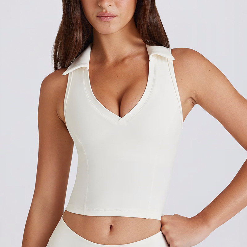 Sleeveless V-Neck Top Vest with Chest Pads Color-Block Lapel Yoga Outfit SKL-QY-T6537
