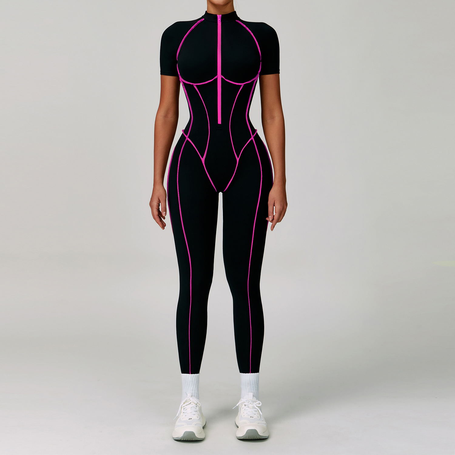 Color Block Hollow-Out Back Short-Sleeve Yoga Jumpsuit 9322