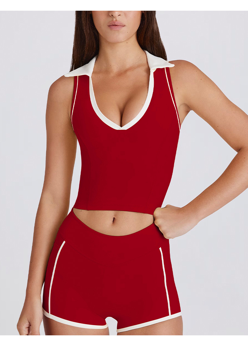 Sleeveless V-Neck Top Vest with Chest Pads Color-Block Lapel Yoga Outfit SKL-QY-T6537