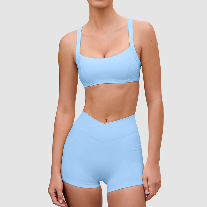 High-Elasticity Naked Feeling Breathable Stretchy Cross Waist Three-Point Shorts & Camisole Beauty Back Sports Bra Yoga Outfit Set SKL-QY-B6529+K3611