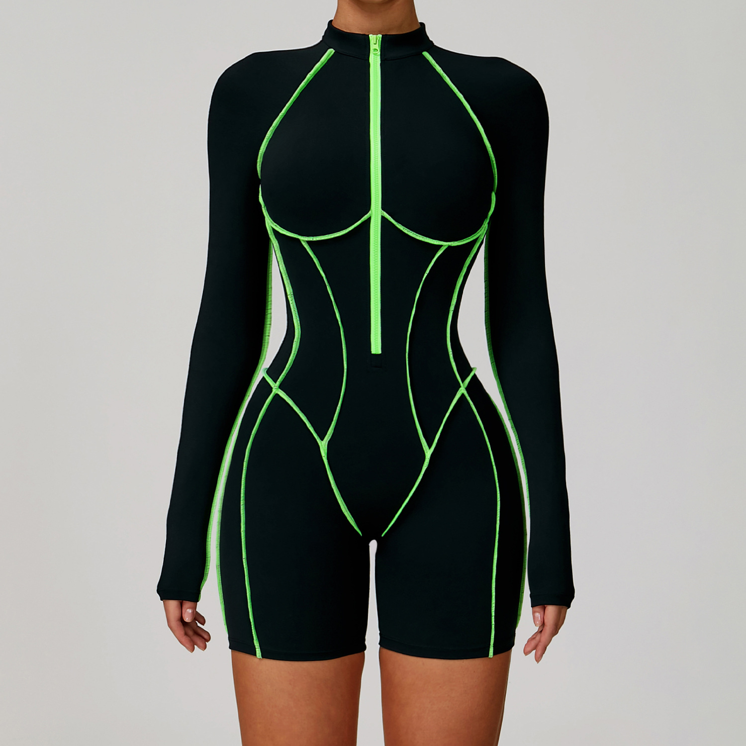 Color Block Hollow-Out Back Long-Sleeve Short Yoga Bodysuit 9318