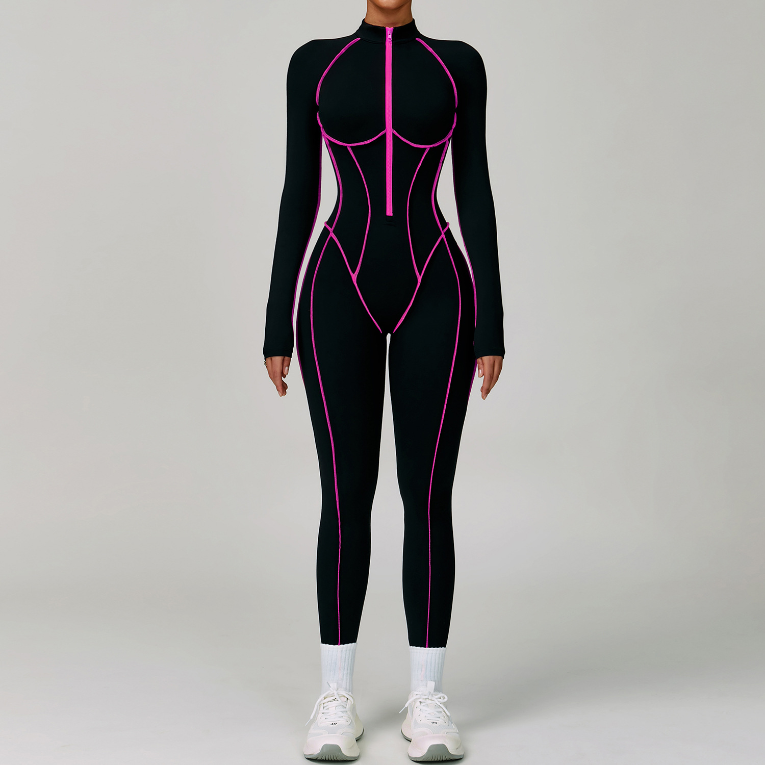 Color Block Hollow-Out Back Long-Sleeve Yoga Jumpsuit 9317