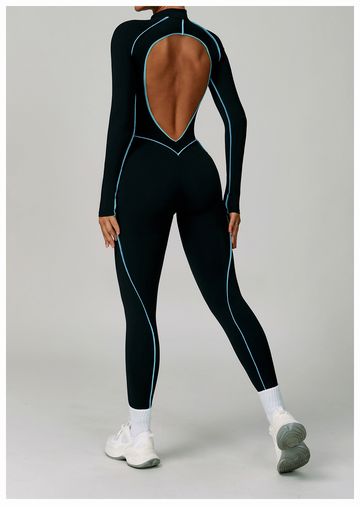 Color Block Hollow-Out Back Long-Sleeve Yoga Jumpsuit 9317