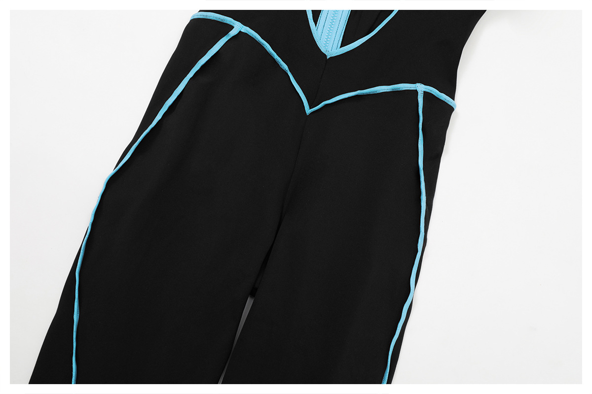 Color Block Hollow-Out Back Short-Sleeve Yoga Jumpsuit 9322