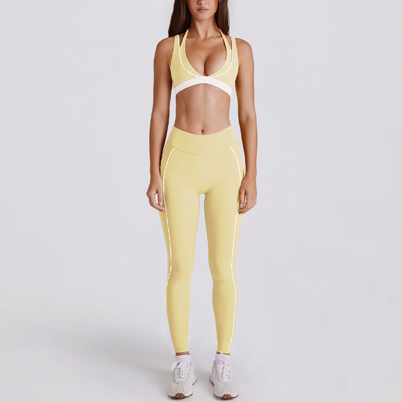 Two-in-One Color-Block White Stripes Running Fitness Shorts V-Neck Halter Sports Bra Yoga Outfit Set SKL-QY-B6534+K4600