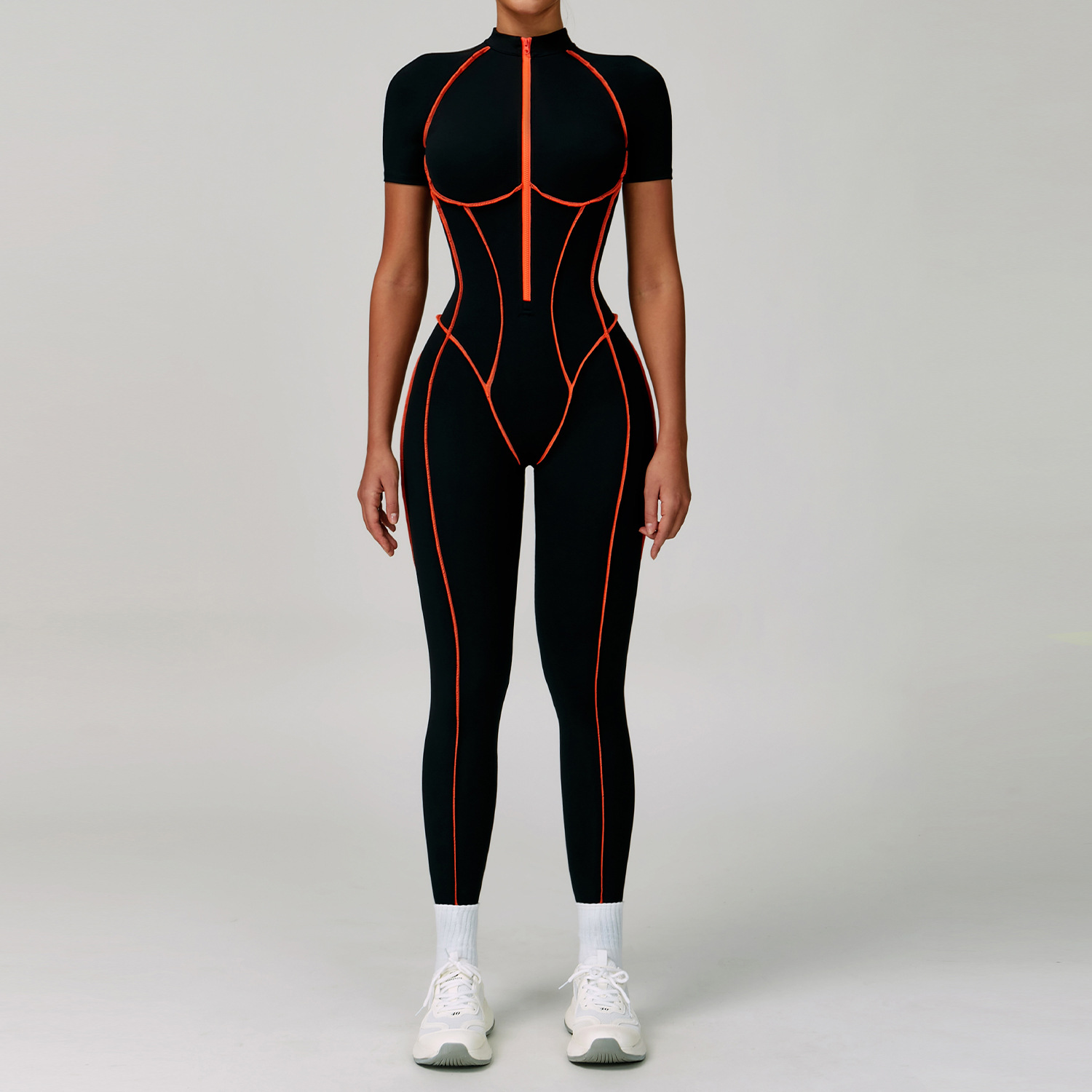 Color Block Hollow-Out Back Short-Sleeve Yoga Jumpsuit 9322