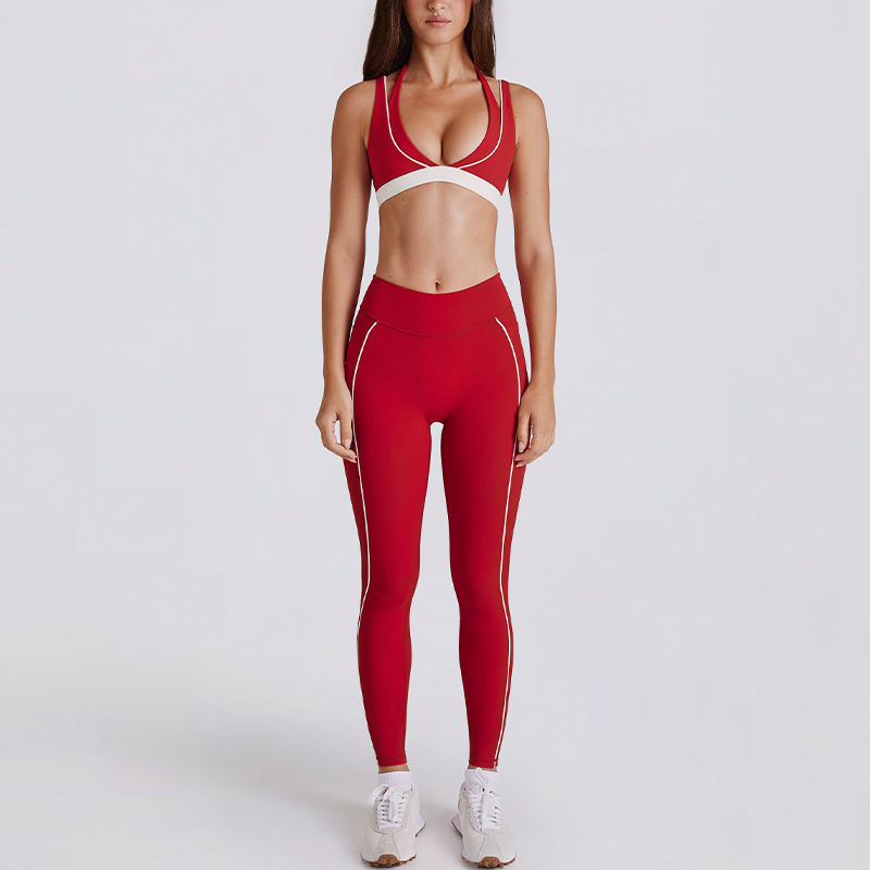 Two-in-One Color-Block White Stripes Running Fitness Shorts V-Neck Halter Sports Bra Yoga Outfit Set SKL-QY-B6534+K4600