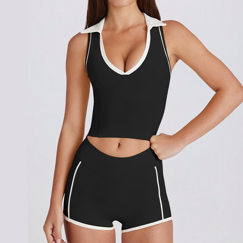Sleeveless Running Exercise Pilates Fitness V-Neck Top Vest with Chest Pads Color-Block Lapel Yoga Outfit Set SKL-QY-T6537+K4598