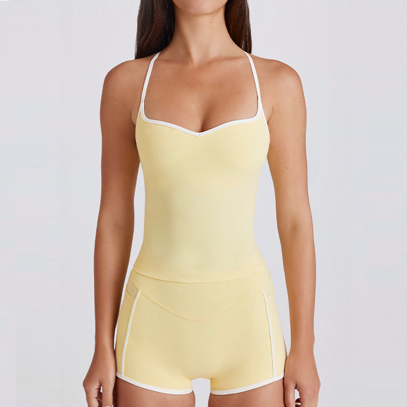 Fitness Top Camisole Sexy Thin Straps Color-Block White Stripes Halter Sports Bra Tank Top Yoga Set SKL-QY-T6536+K4598