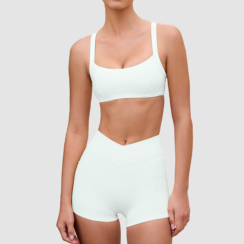 High-Elasticity Naked Feeling Breathable Stretchy Cross Waist Three-Point Shorts & Camisole Beauty Back Sports Bra Yoga Outfit Set SKL-QY-B6529+K3611