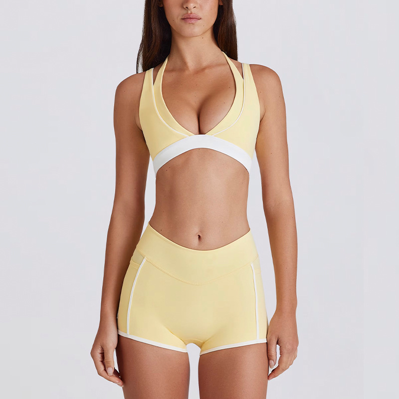 Two-in-One Color-Block White Stripes Running Fitness Shorts V-Neck Halter Sports Bra Yoga Outfit Set SKL-QY-B6534+K4598
