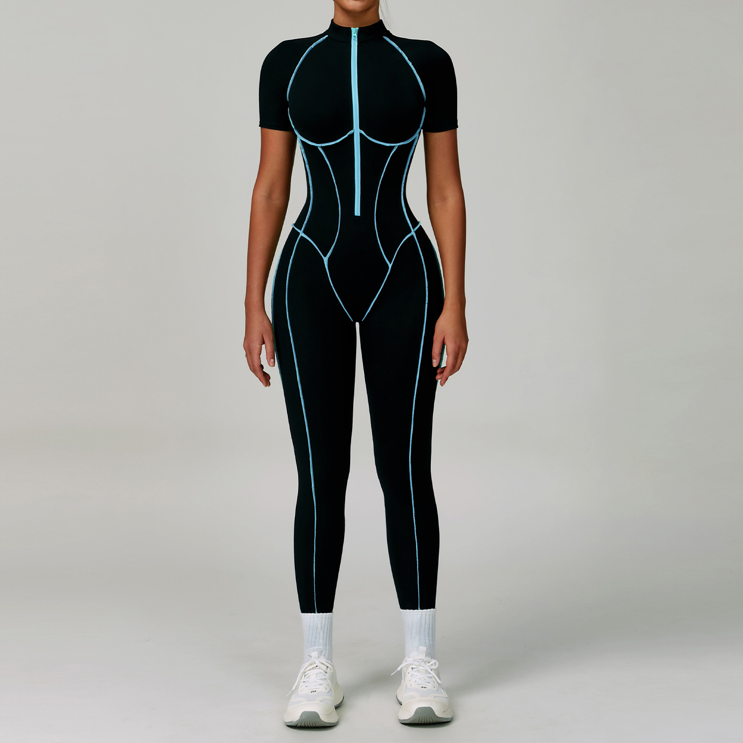 Color Block Hollow-Out Back Short-Sleeve Yoga Jumpsuit 9322