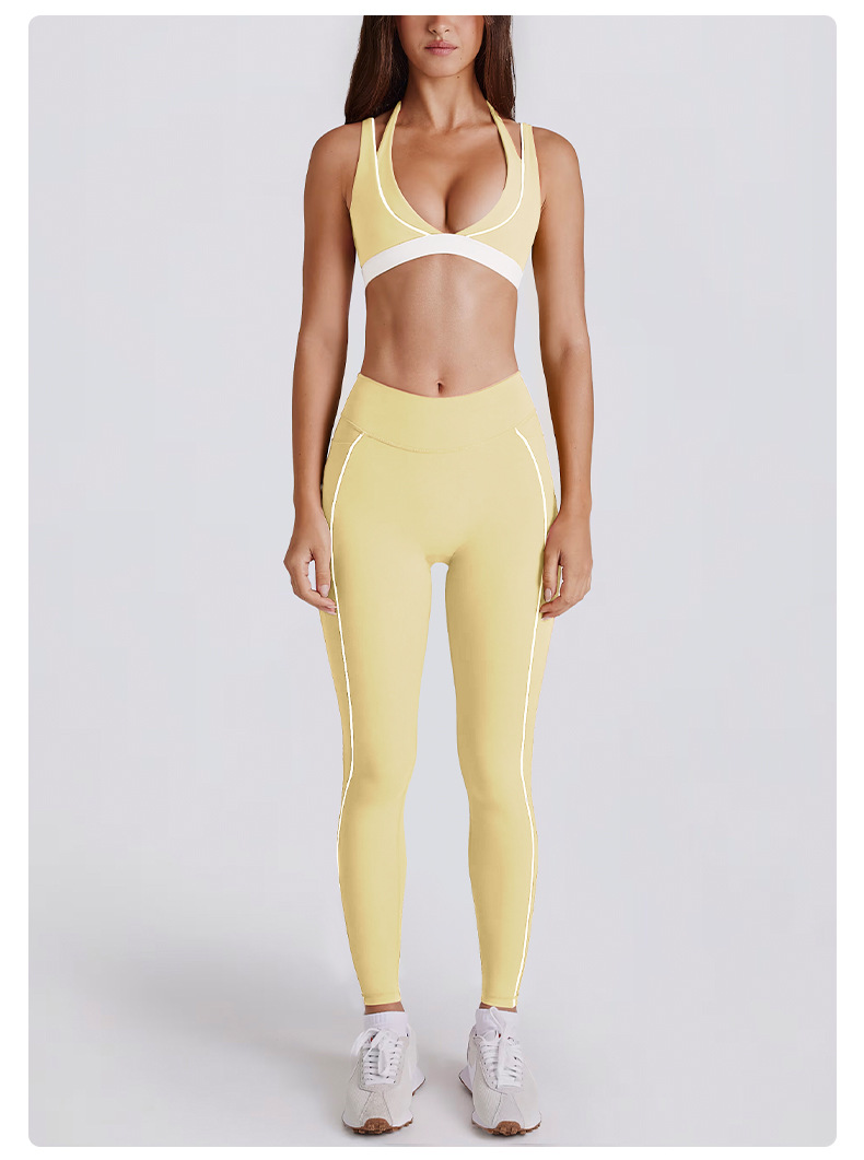 Two-in-One Color-Block White Stripes Running Fitness Shorts V-Neck Halter Sports Bra SKL-QY-B6534