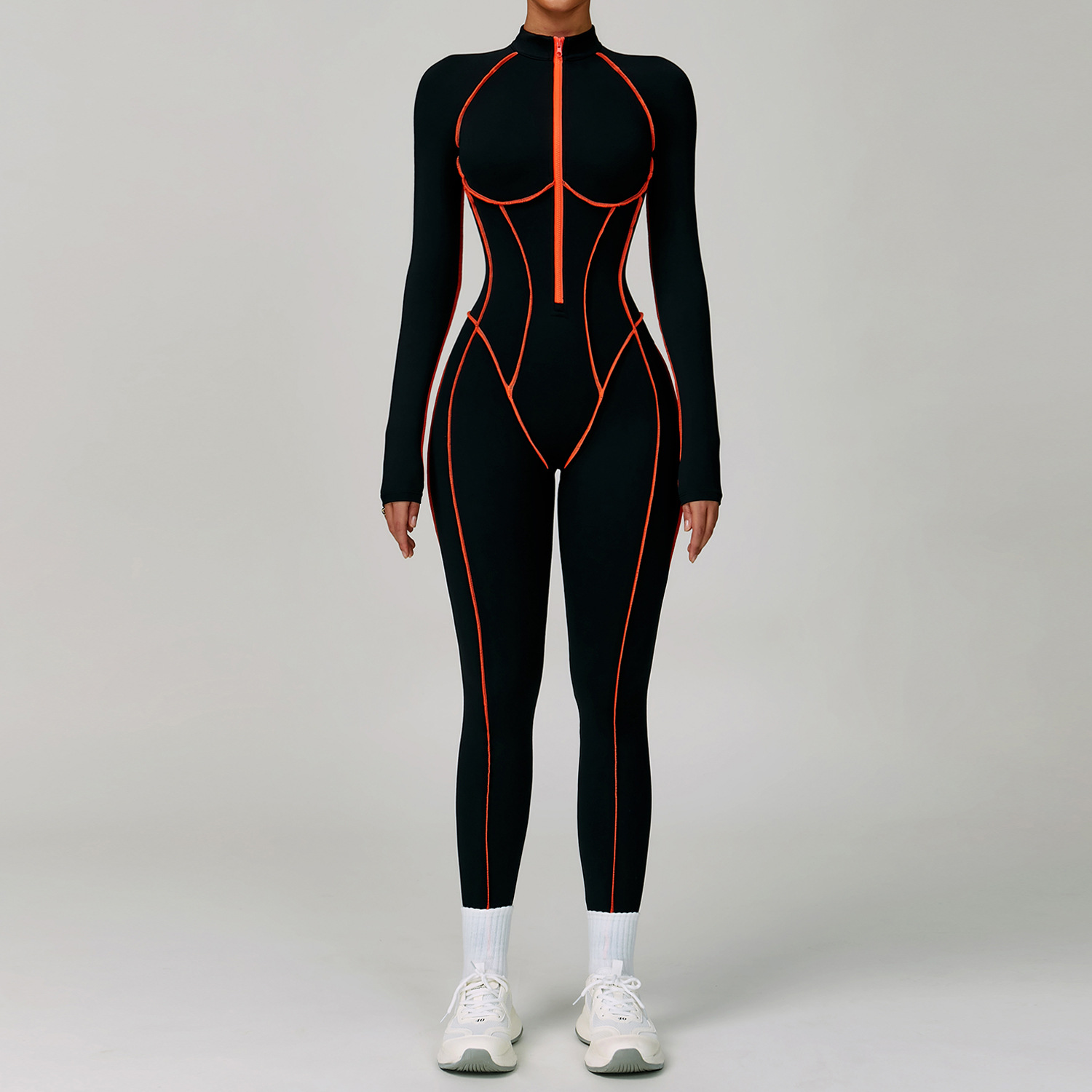 Color Block Hollow-Out Back Long-Sleeve Yoga Jumpsuit 9317