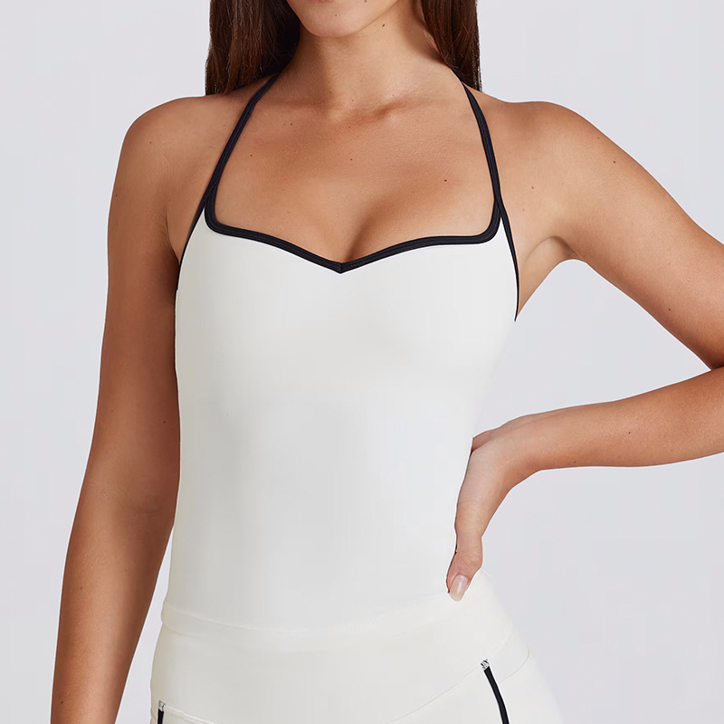 Fitness Top Camisole Sexy Thin Straps Color-Block White Stripes Halter Bra Tank Top SKL-QY-T6536