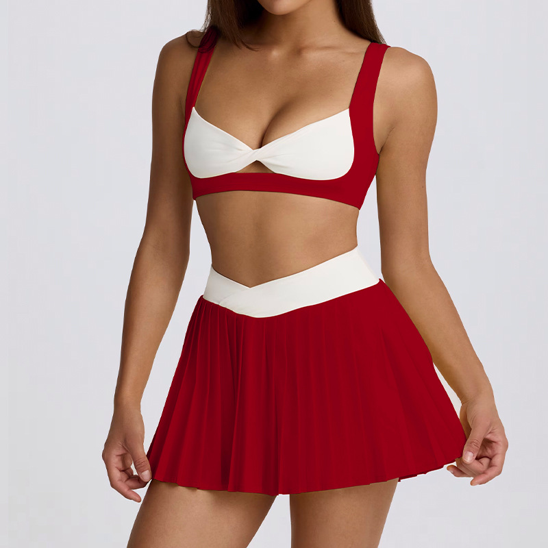 Detachable Bra Color-Block Bra Twist Camisole Casual Pleated Skirt Set SKL-QY-B6538+K6539