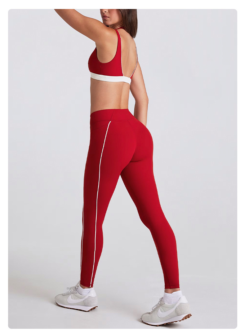 Two-in-One Color-Block White Stripes Running Fitness Shorts V-Neck Halter Sports Bra SKL-QY-B6534