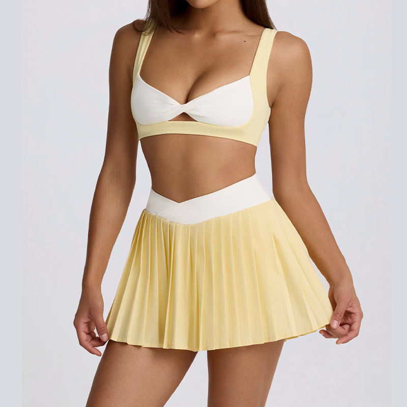 Detachable Bra Color-Block Bra Twist Camisole Casual Pleated Skirt Set SKL-QY-B6538+K6539