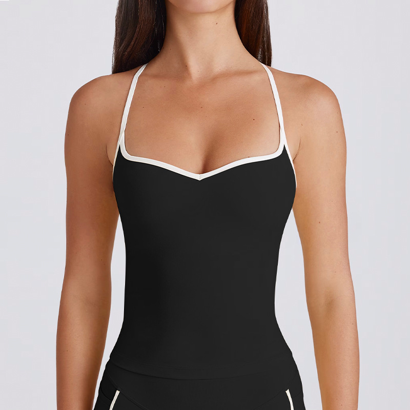Fitness Top Camisole Sexy Thin Straps Color-Block White Stripes Halter Bra Tank Top SKL-QY-T6536