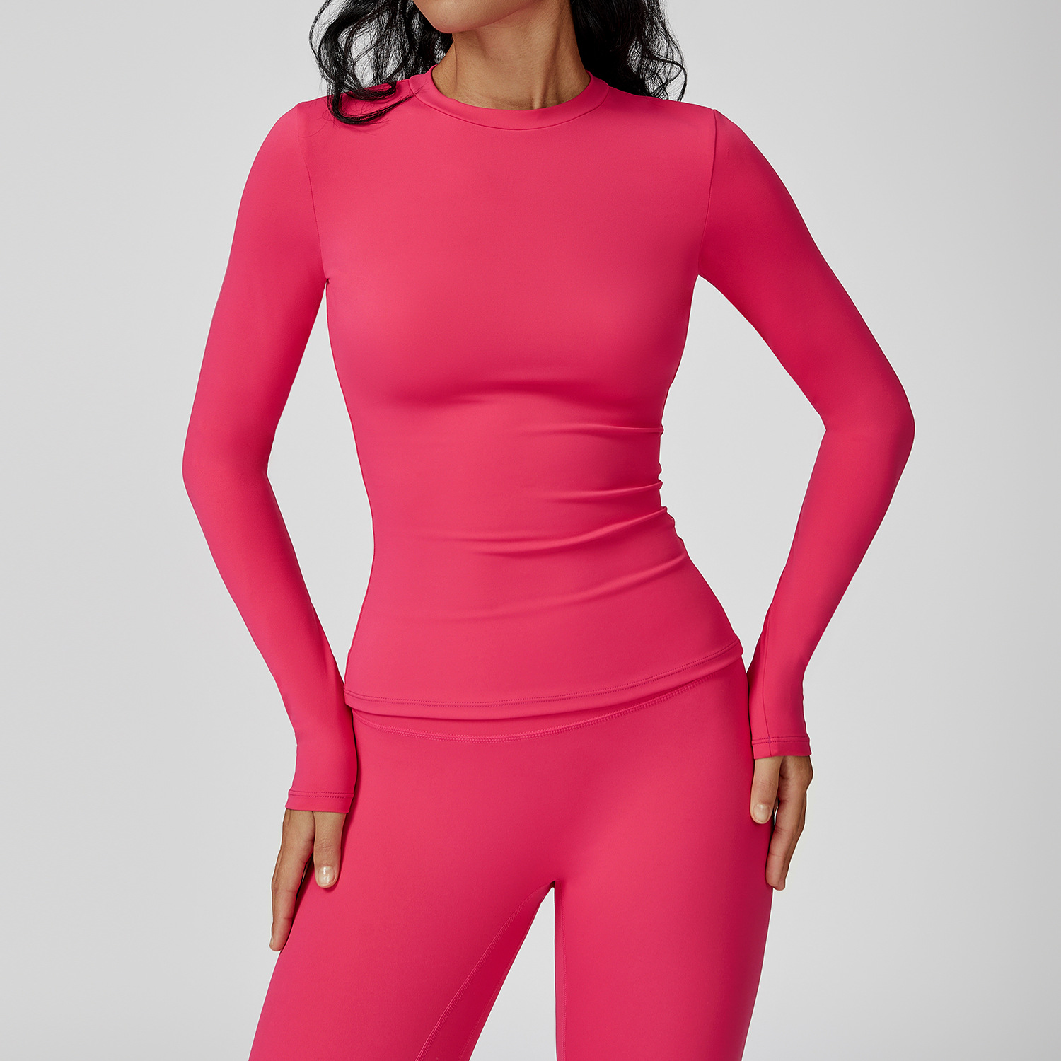 Round Neck Slim Fit Brushed Long Sleeve Yoga Top 3101
