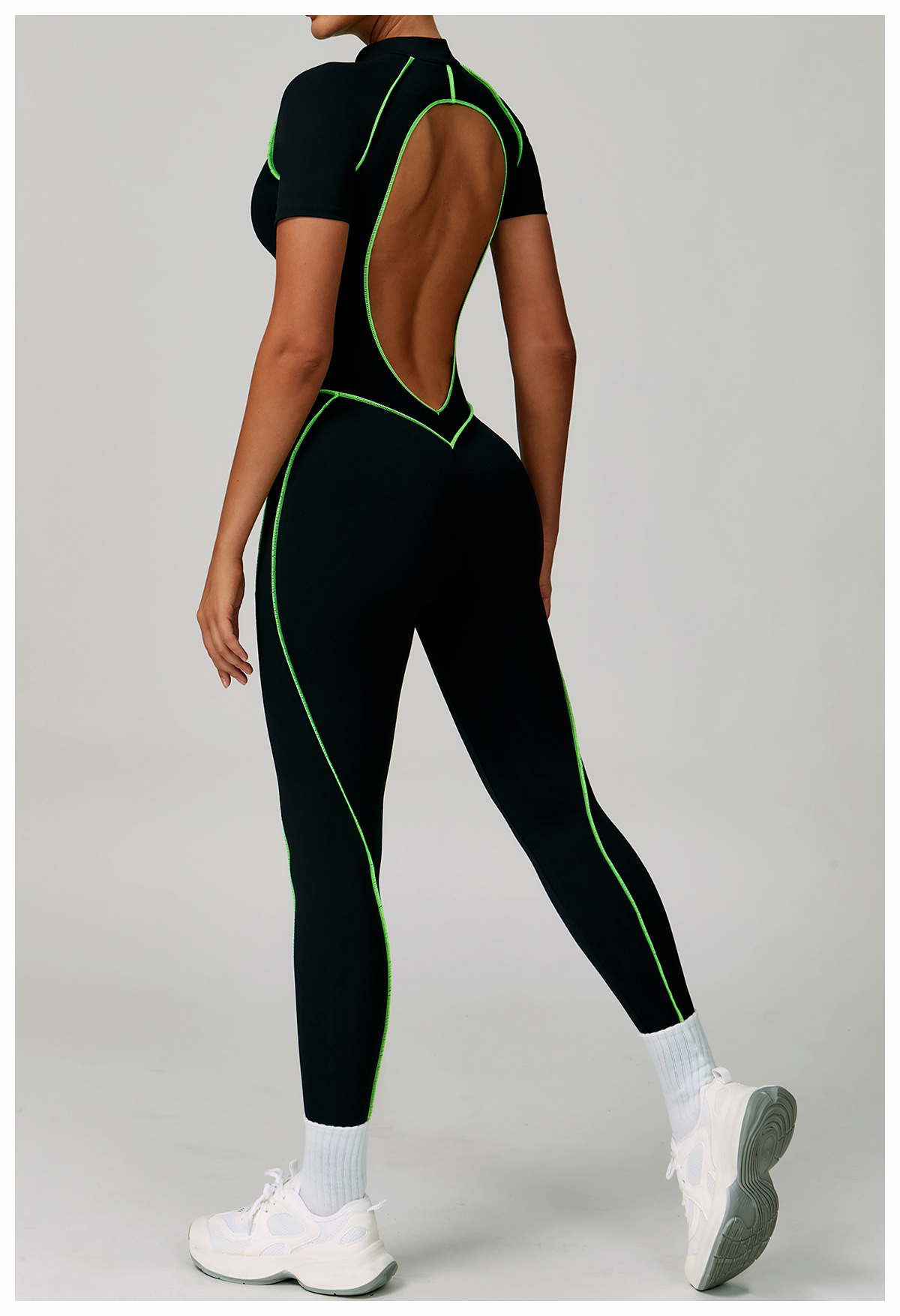 Color Block Hollow-Out Back Short-Sleeve Yoga Jumpsuit 9322