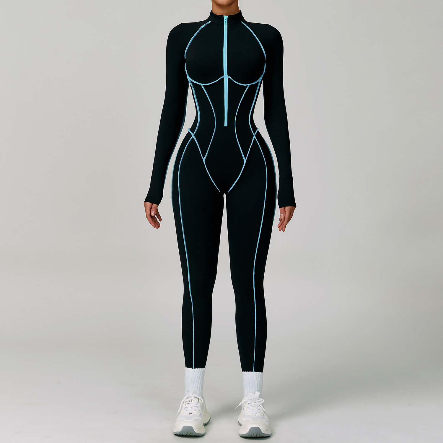 Color Block Hollow-Out Back Long-Sleeve Yoga Jumpsuit 9317
