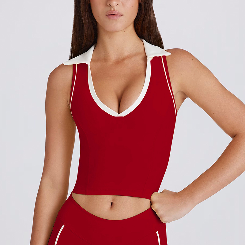 Sleeveless V-Neck Top Vest with Chest Pads Color-Block Lapel Yoga Outfit SKL-QY-T6537