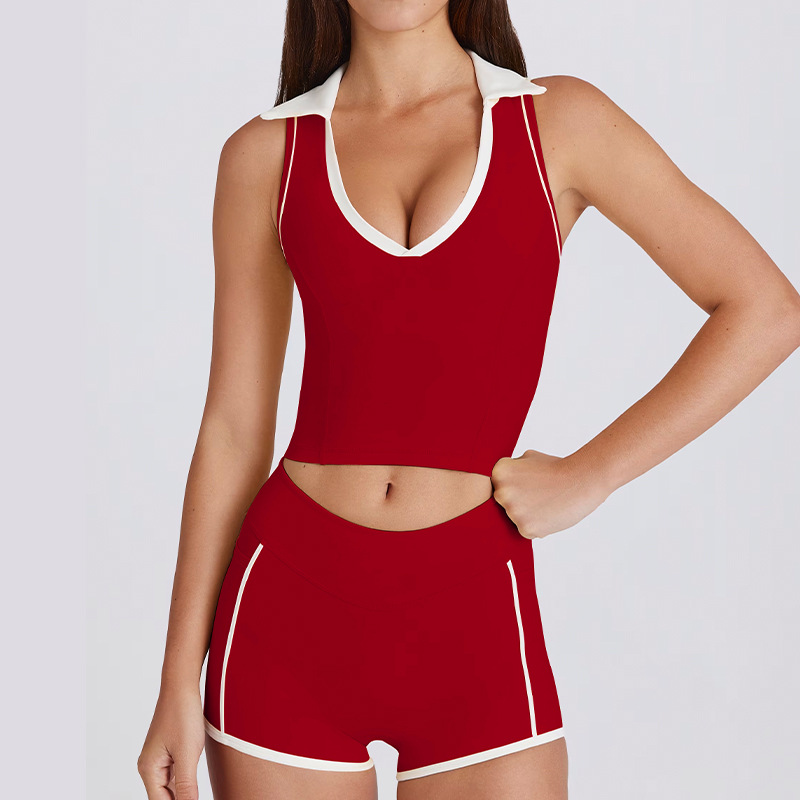 Sleeveless Running Exercise Pilates Fitness V-Neck Top Vest with Chest Pads Color-Block Lapel Yoga Outfit Set SKL-QY-T6537+K4598
