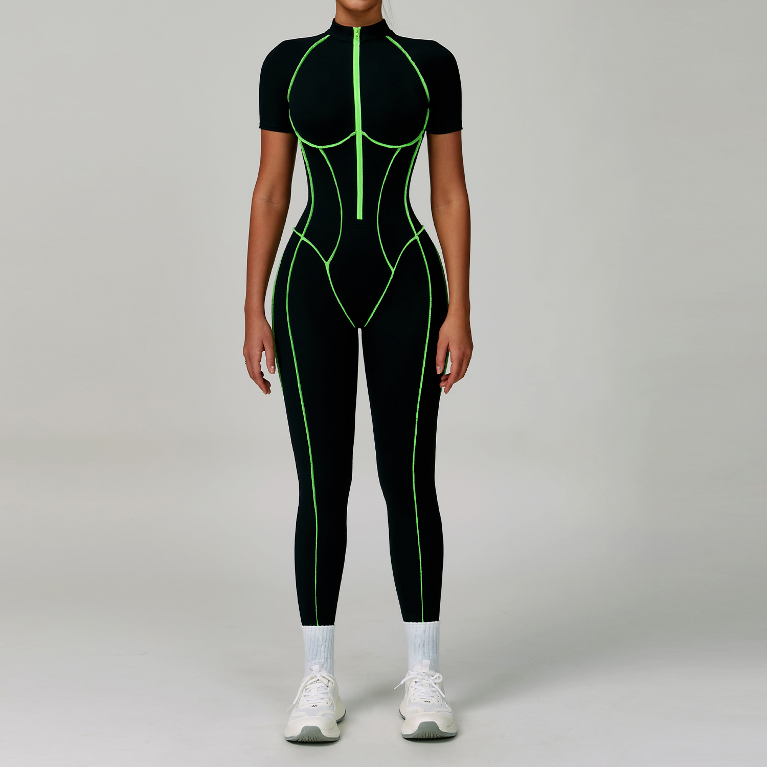 Color Block Hollow-Out Back Short-Sleeve Yoga Jumpsuit 9322